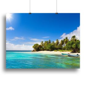 Art Caribbean beach with fishing boat Canvas Print or Poster (Type: Standard Framed Canvas Print, size: 32" x 24" / 80cm x 60cm (approx))